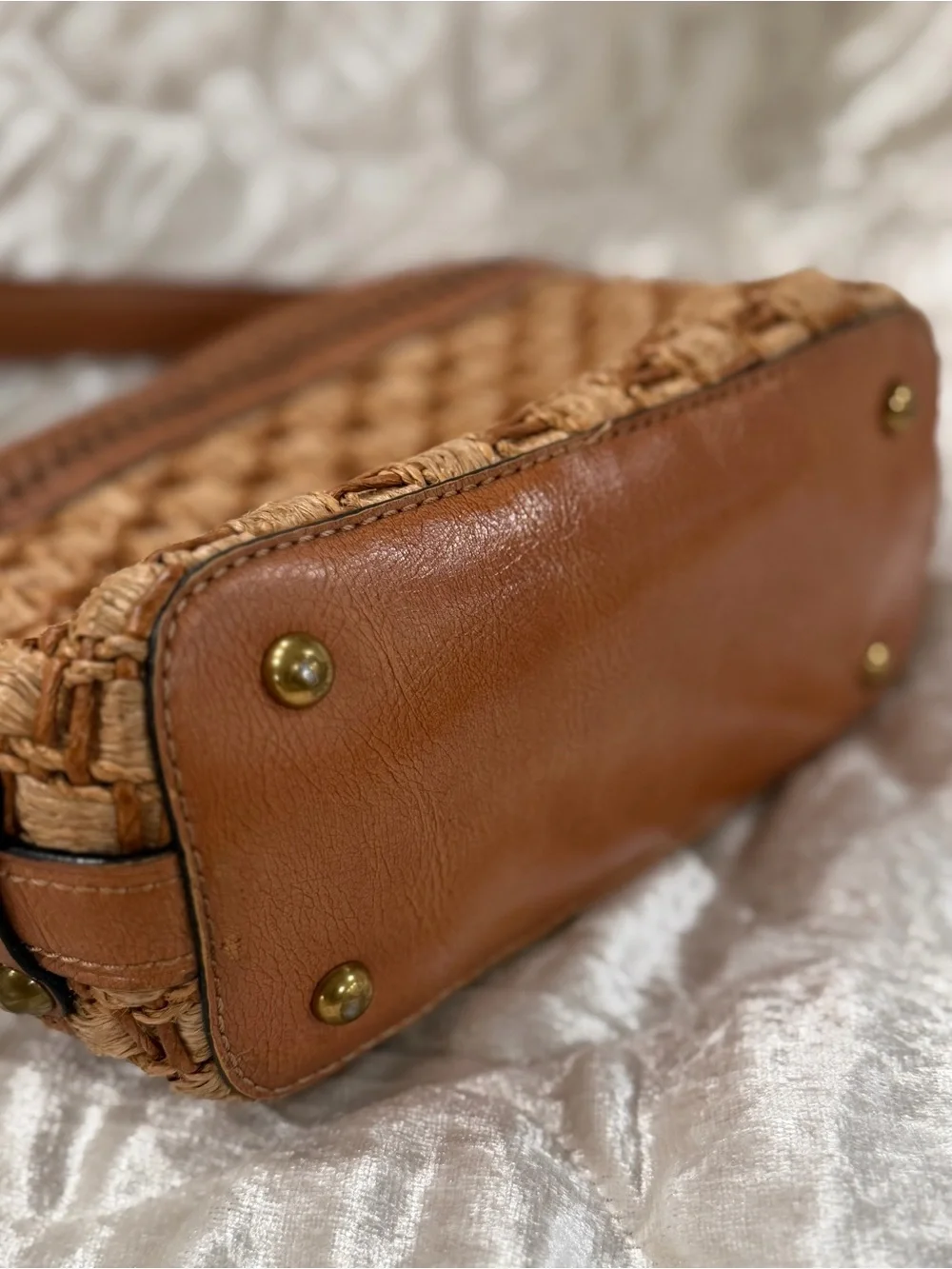 Vintage Fossil Woven Raffia & Leather Shoulder Bag - Brown